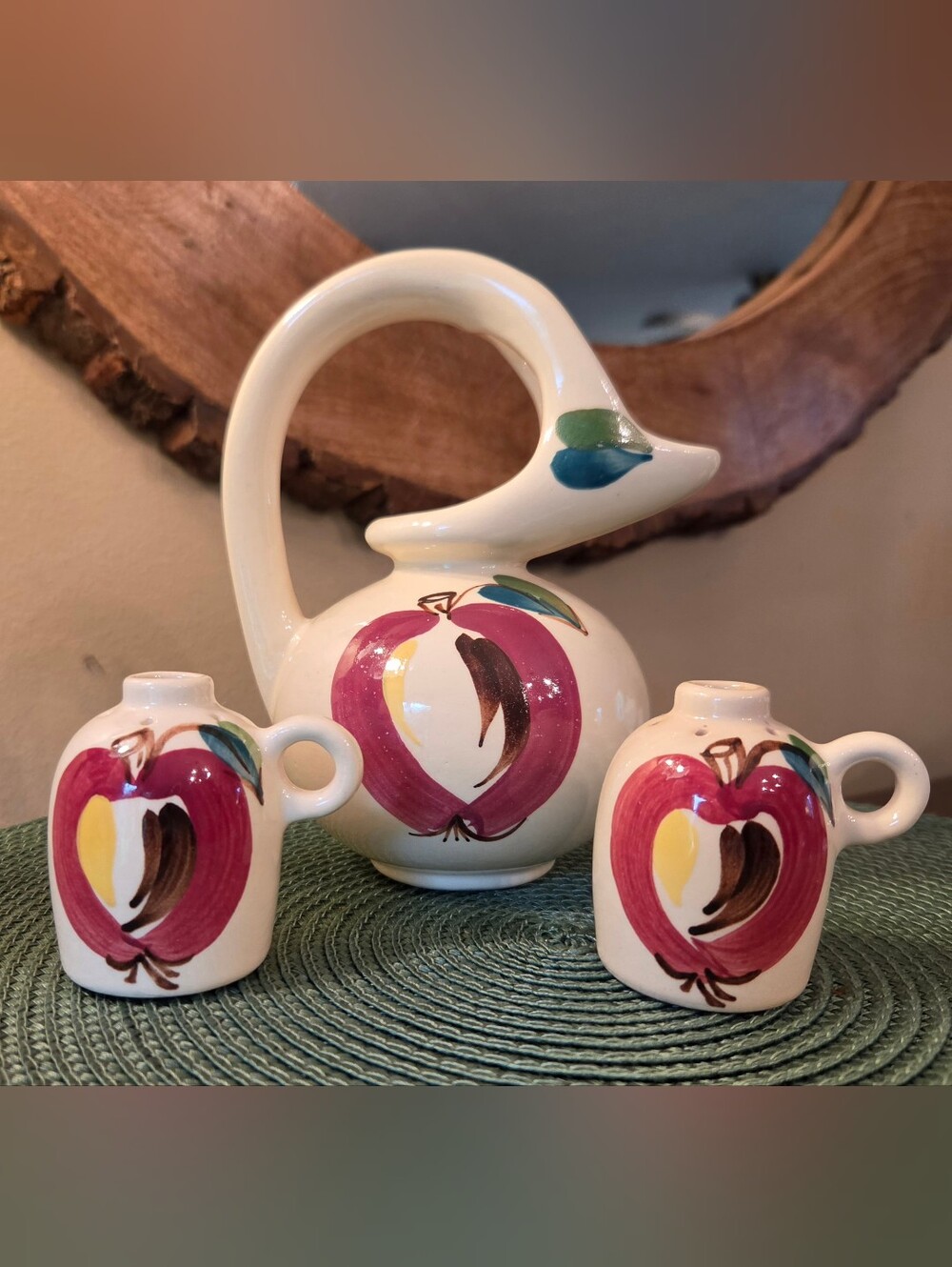 3 Pc Set Vtg Puritan Pottery Apple Honey Jug Salt & Pepper  1940's Kitchen Retro